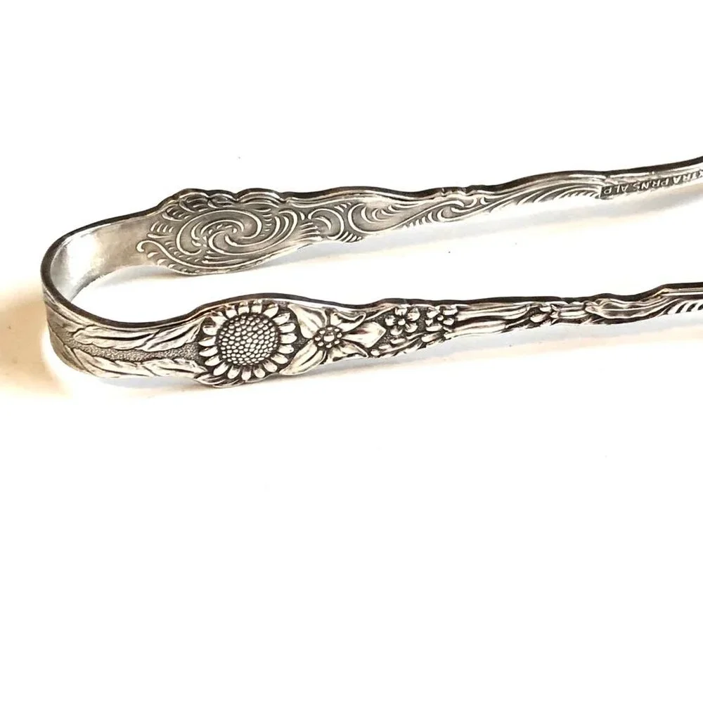 Antique Nils Johan Sweden Silver Plate Petite Forked Sugar Tongs Amsterdam Flora